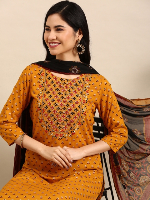 

SHOWOFF Women Ethnic Motifs Printed Beads and Stones Kurta with Palazzos, Mustard