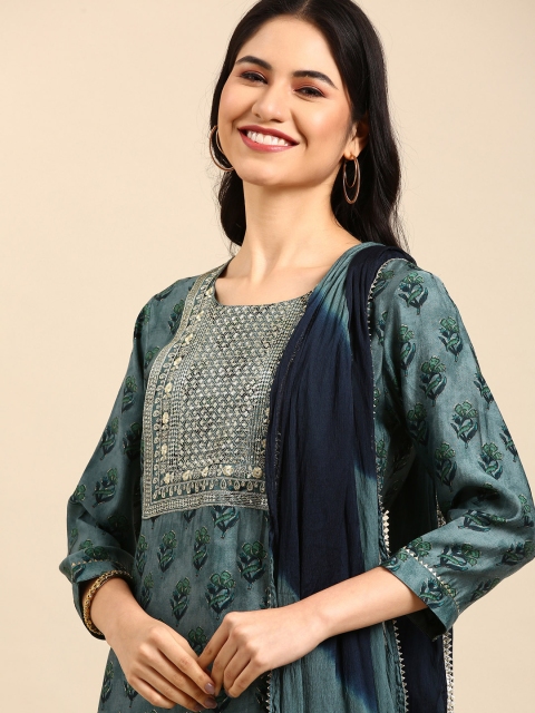 

SHOWOFF Women Floral Embroidered Thread Work Kurta with Trouser & Dupatta Set, Blue