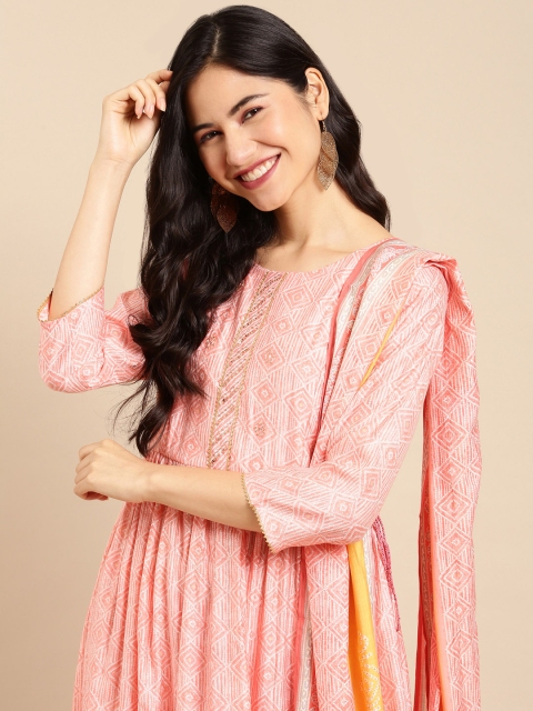 

SHOWOFF Women Bandhani Printed Empire A-Line Kurta with Trousers & Dupatta, Peach