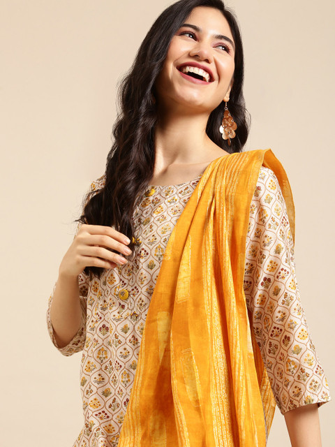

Showoff Women Ethnic Motifs Printed Kurti with Trousers & With Dupatta, Yellow