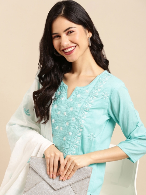 

SHOWOFF Women Floral Embroidered Thread Work Kurta with Trousers & With Dupatta, Turquoise blue