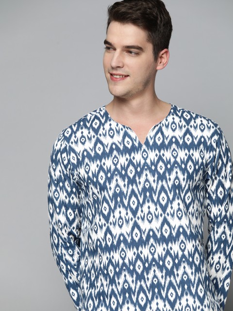 

HERE&NOW Men Navy Blue & White Ethnic Motifs Printed Kurta