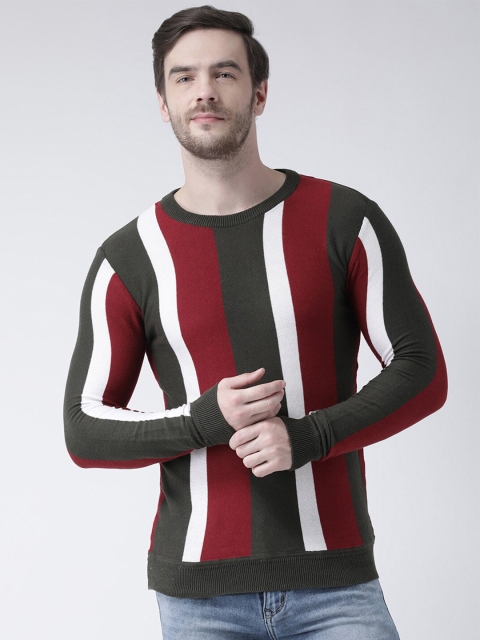 

Club York Men Olive Green & Red Striped Pullover