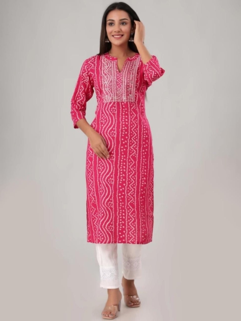 

MIRAVAN Women Pink & White Bandhani Printed Pastels Kurta