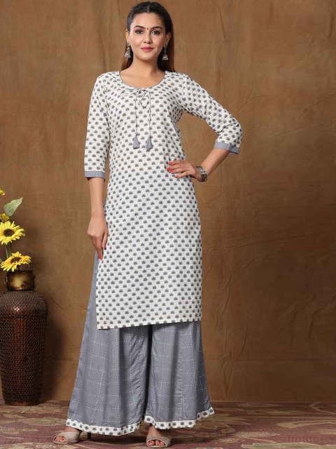 

MIRAVAN Women Ethnic Motifs Pure Cotton Kurta with Palazzos, Grey