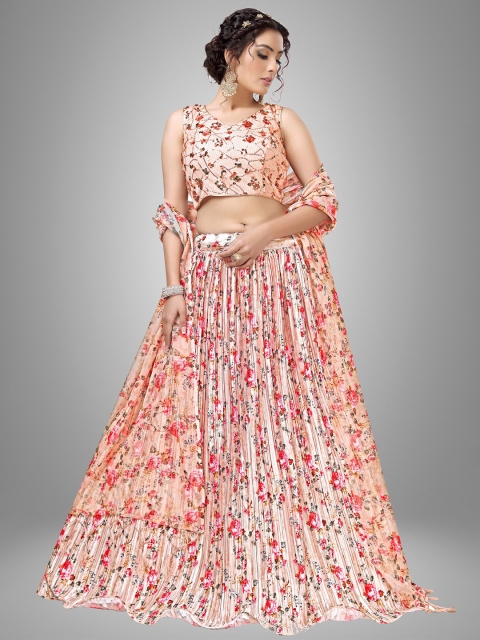 

Sarvayog Fashion Peach-Coloured & Gold-Toned Embellished Sequinned Semi-Stitched Lehenga & Unstitched Blouse