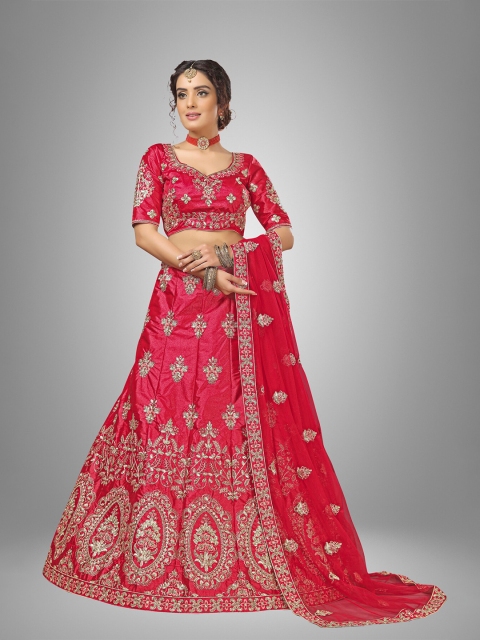 

Sarvayog Fashion Red & Silver-Toned Embroidered Thread Work Semi-Stitched Lehenga & Unstitched Blouse With