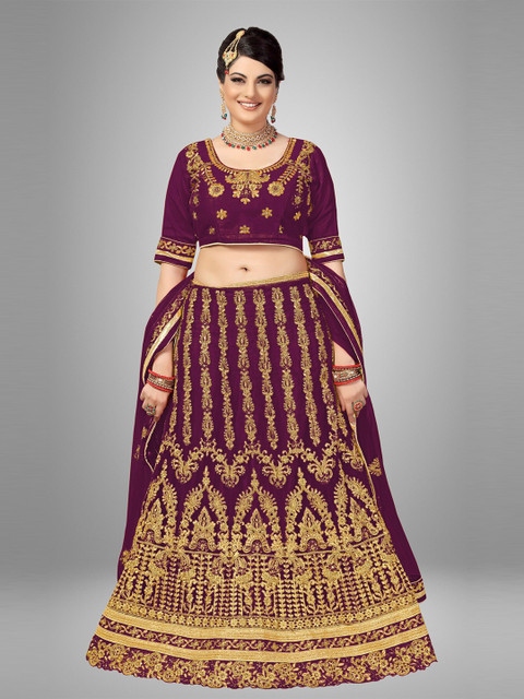 

Sarvayog Fashion Purple & Gold-Toned Embroidered Thread Work Semi-Stitched Lehenga & Unstitched Blouse With