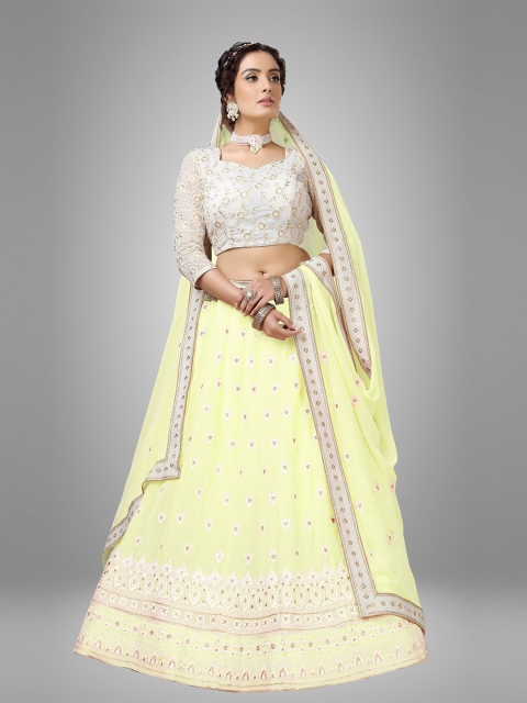 

Sarvayog Fashion Yellow & White Embroidered Thread Work Semi-Stitched Lehenga & Unstitched Blouse With