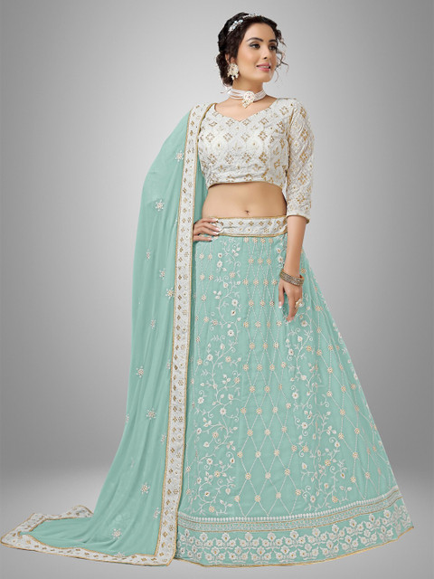 

Sarvayog Fashion Turquoise Blue & White Embroidered Thread Work Semi-Stitched Lehenga & Unstitched Blouse