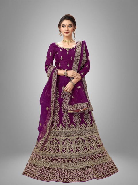 

Sarvayog Fashion Purple & Gold-Toned Embroidered Thread Work Semi-Stitched Lehenga & Unstitched Blouse With