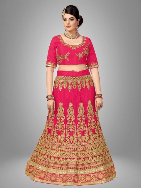 

Sarvayog Fashion Pink & Gold-Toned Embellished Thread Work Semi-Stitched Lehenga & Unstitched Blouse With