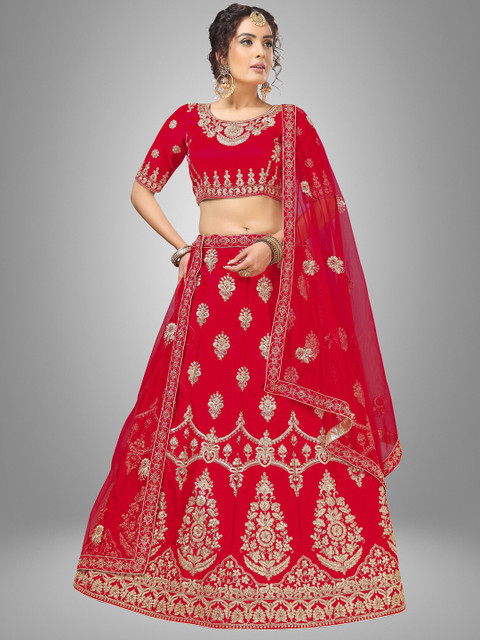 

Sarvayog Fashion Red & Silver-Toned Embroidered Thread Work Semi-Stitched Lehenga & Unstitched Blouse With