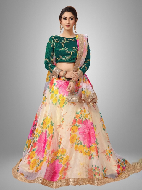

Sarvayog Fashion Pink & Green Embroidered Semi-Stitched Lehenga & Unstitched Blouse With Dupatta