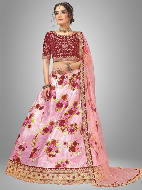 

Sarvayog Fashion Pink & Maroon Embroidered Semi-Stitched Lehenga & Unstitched Blouse With Dupatta
