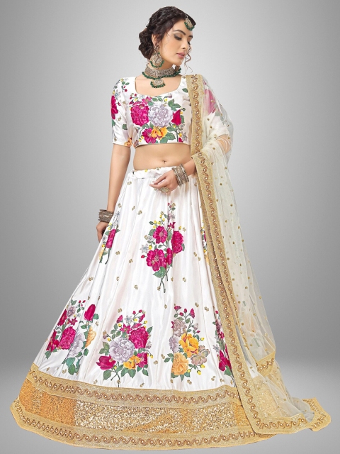 

Sarvayog Fashion Off White & Pink Printed Semi-Stitched Lehenga & Unstitched Blouse With Dupatta