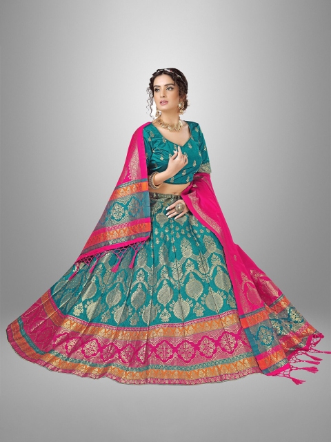 

Sarvayog Fashion Turquoise Blue & Pink Semi-Stitched Lehenga & Unstitched Blouse With Dupatta