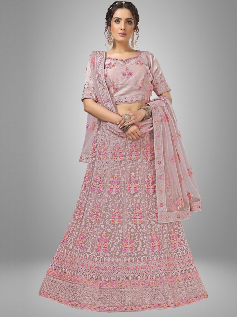 

Sarvayog Fashion Peach Embroidered Semi-Stitched Lehenga & Unstitched Blouse With Dupatta