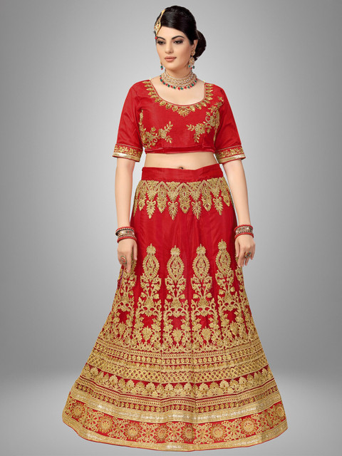 

Sarvayog Fashion Red Embroidered Semi-Stitched Lehenga & Unstitched Blouse With Dupatta