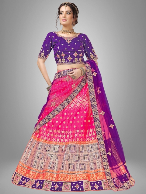 

Sarvayog Fashion Pink & Purple Embroidered Semi-Stitched Lehenga & Unstitched Blouse With Dupatta