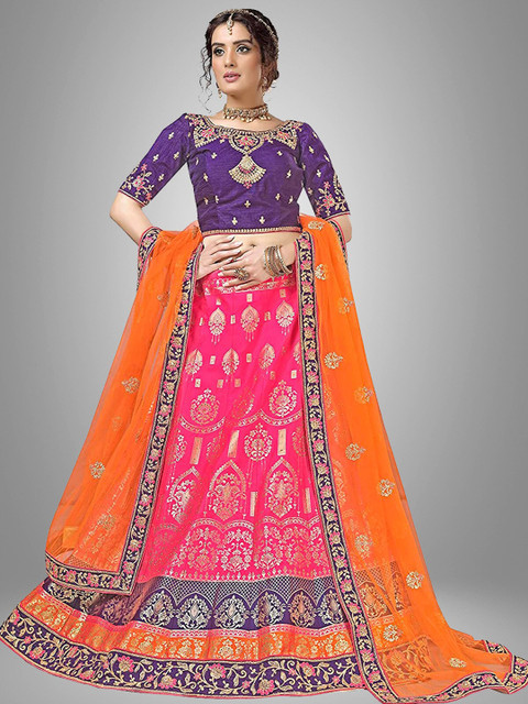 

Sarvayog Fashion Pink & Violet Embroidered Semi-Stitched Lehenga & Unstitched Blouse With Dupatta