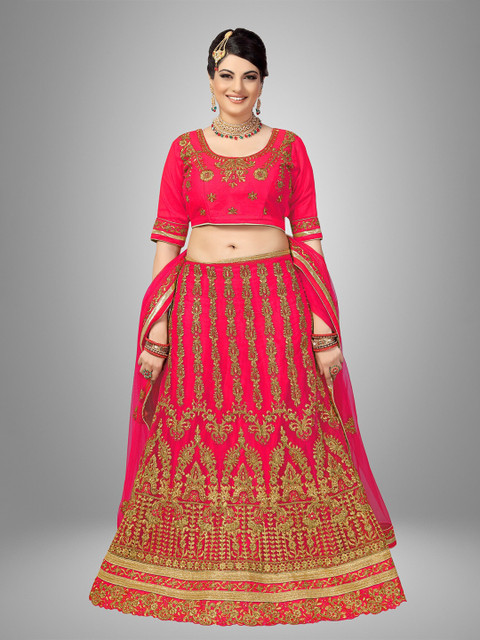 

Sarvayog Fashion Pink Embroidered Semi-Stitched Lehenga & Unstitched Blouse With Dupatta