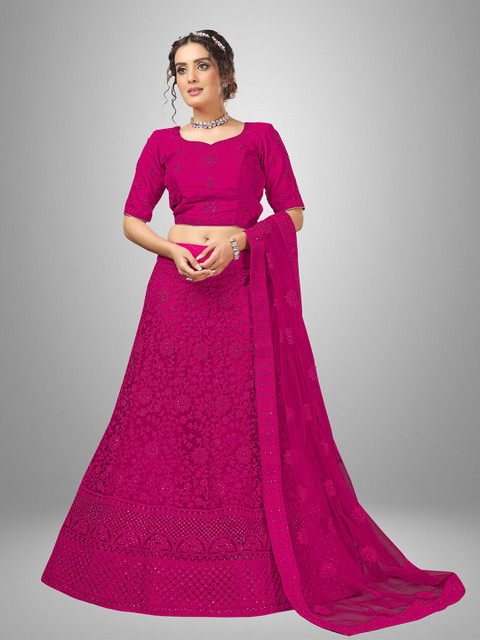

Sarvayog Fashion Pink Embroidered Thread Work Semi-Stitched Lehenga & Unstitched Blouse With Dupatta