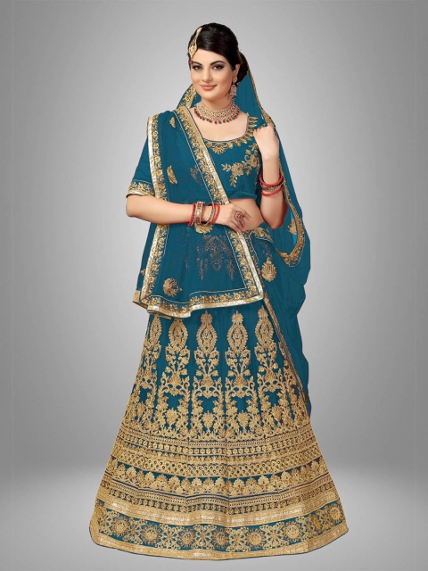 

Sarvayog Fashion Blue & Gold-Toned Embroidered Semi-Stitched Lehenga & Unstitched Blouse With Dupatta