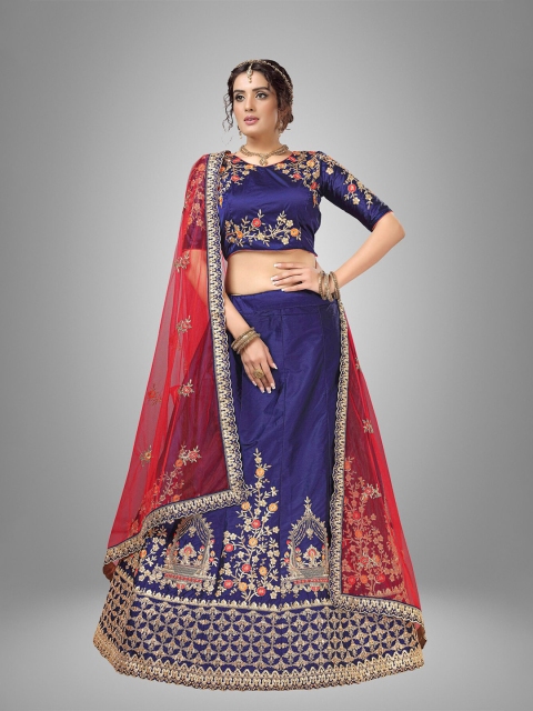 

Sarvayog Fashion Blue & Red Embroidered Semi-Stitched Lehenga & Unstitched Blouse With Dupatta