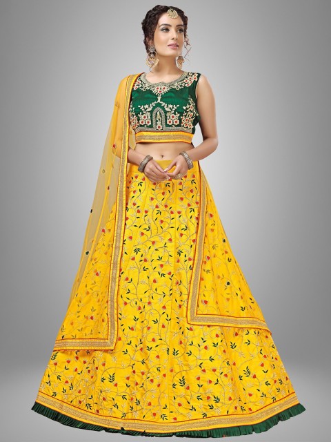 

Sarvayog Fashion Yellow & Green Embroidered Semi-Stitched Lehenga & Unstitched Blouse With Dupatta