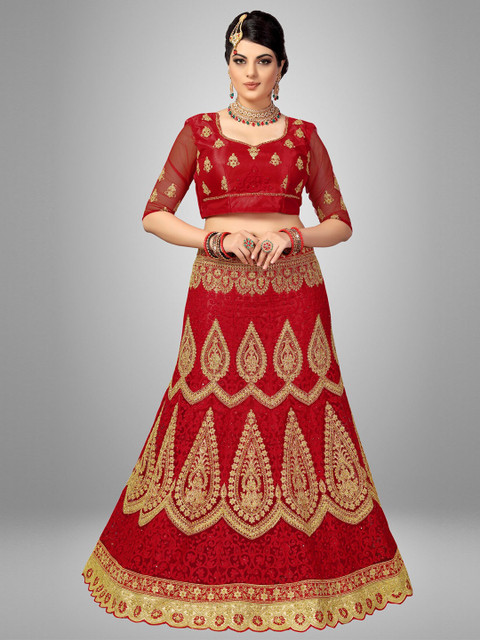 

Sarvayog Fashion Red & Gold-Toned Embroidered Semi-Stitched Lehenga & Unstitched Blouse With Dupatta