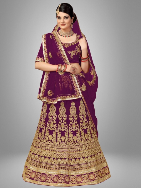 

Sarvayog Fashion Purple Embroidered Semi-Stitched Lehenga & Unstitched Blouse With Dupatta