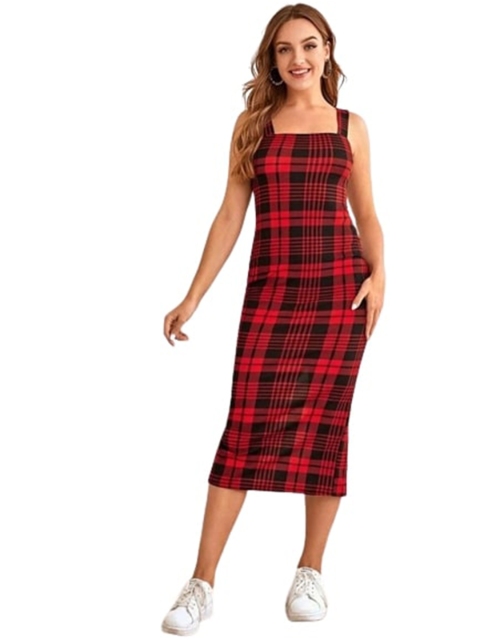

LOOKFIELD Red & Black Checked Bodycon Midi Dress