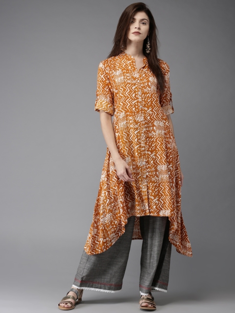 

HERE&NOW Women Mustard Yellow & Off-White Printed A-Line Asymmetric Kurta