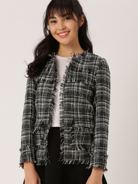 

DressBerry Women Black & White Self-Design Open Front Jacket