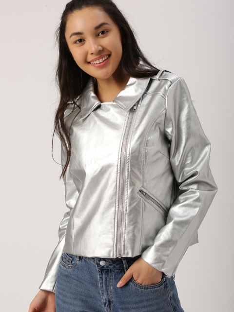 

DressBerry Women Silver-Toned Solid Biker Jacket