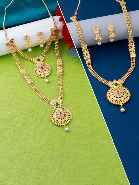 

Silver Shine Gold-Plated Red & Green Stone-Studded Jewellery Set