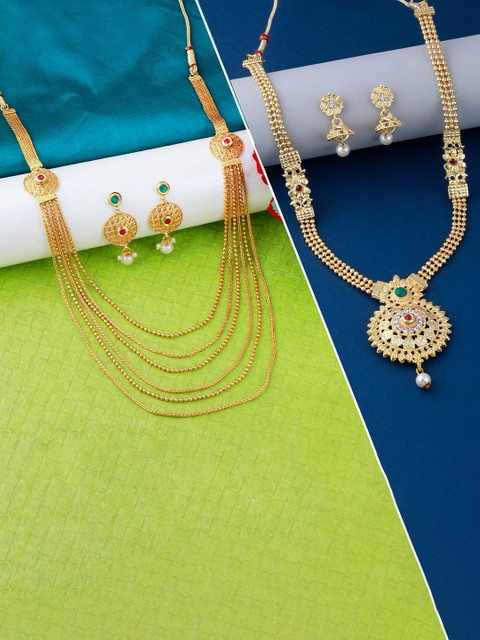 

Silver Shine Set Of 2 Gold-Plated Green & Pink Stone-Studded Jewellery Set