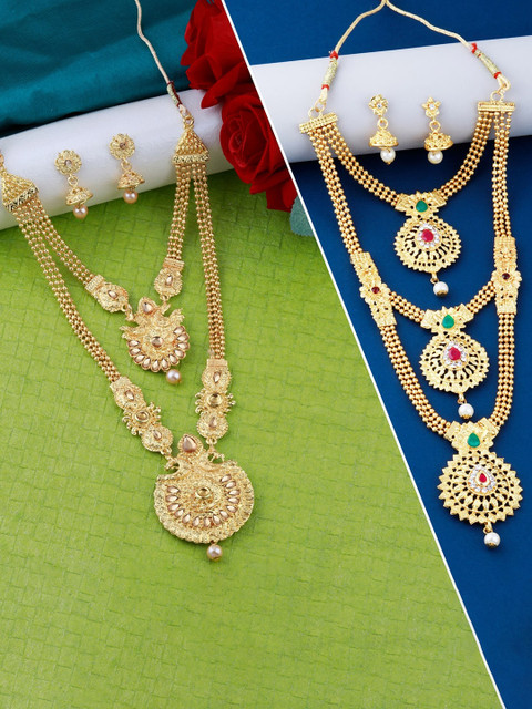 

Silver Shine Set Of 2 Gold-Plated Red & Green Stone-Studded Jewellery Set