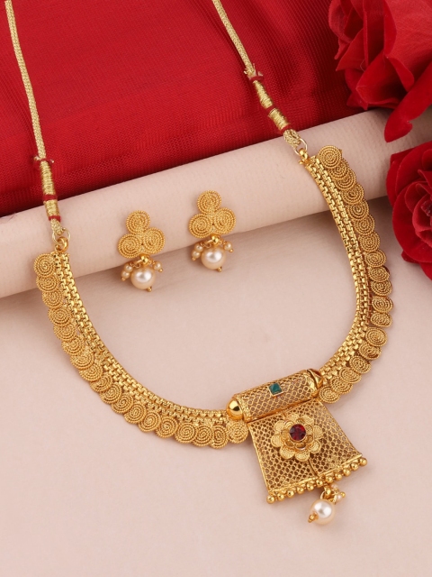 

Silver Shine Gold-Plated White & Red AD Studded & Beaded Jewellery Set