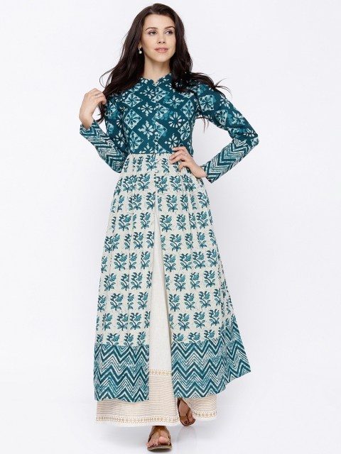 

Vishudh Women Cream & Teal Green Floral Print Anarkali Kurta