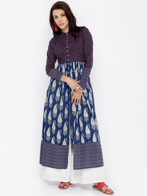 

Vishudh Women Blue & Cream Paisely Print Anarkali Kurta