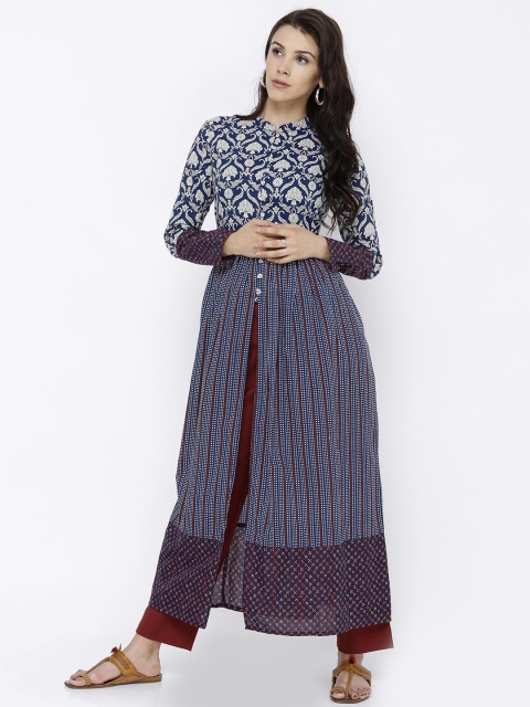 

Vishudh Women Blue & Cream-Coloured Printed A-Line Kurta