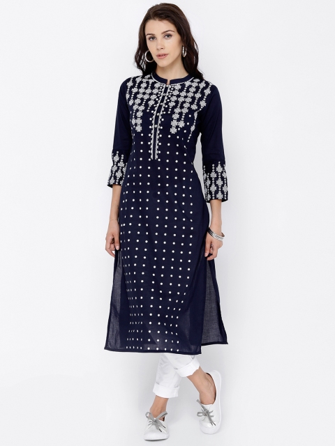 

Vishudh Women Navy Blue & White Printed Straight Kurta