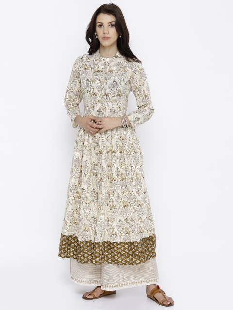 

Vishudh Women Cream-Coloured & Brown Printed Anarkali Kurta