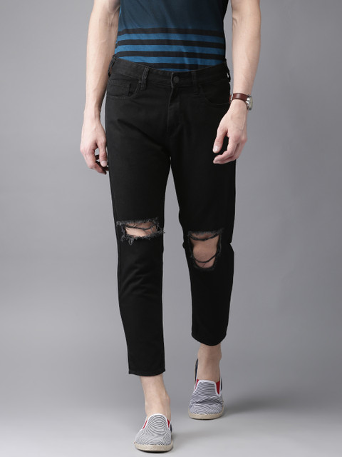 

HERE&NOW Men Cropped Mid-Rise Slim Fit Slash Knee Black Mildly Distressed Jeans
