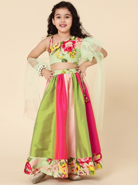 

A T U N Girls Green & Pink Printed Ready to Wear Lehenga &