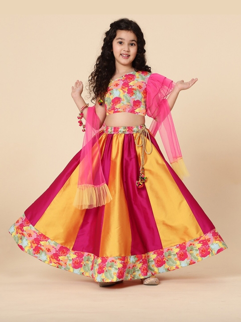 

A T U N Girls Pink & Yellow Printed Ready to Wear Lehenga & Blouse With Dupatta