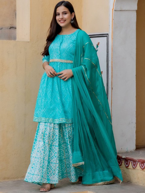 

HOUSE OF JAMOTI Women Bandhani Printed Pure Cotton Kurta with Sharara & Dupatta Set, Turquoise blue