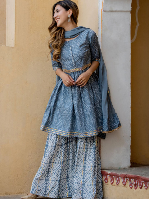 

HOUSE OF JAMOTI Women Bandhani Gotta Patti Pure Cotton Kurta with Sharara & With Dupatta, Grey